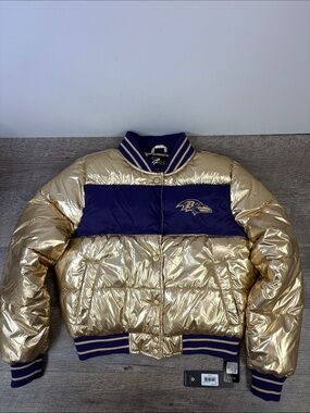 G-III x NFL Baltimore Ravens Metallic Gold Puffer Bomber Jacket NWT (Size Small)